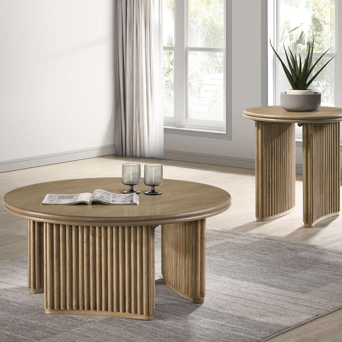 Adina 2-piece Round Coffee Table Set Distressed Light Brown