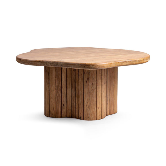 Round dining table featuring a light wood top with curved pedestal base