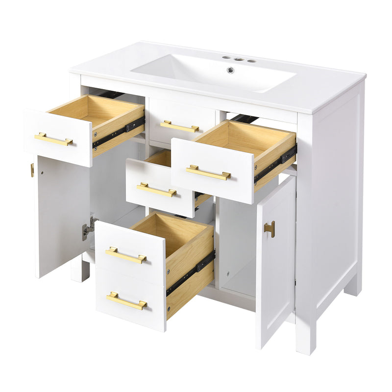 White bathroom vanity with sink, four open drawers, two open doors, and gold-tone pulls