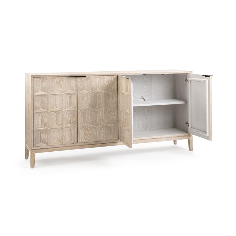 Open 4-door sideboard showing interior shelves and white cabinet interior