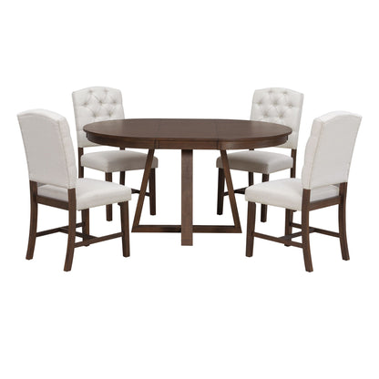 Dark brown round dining table with leaf-style design and 4 beige upholstered chairs