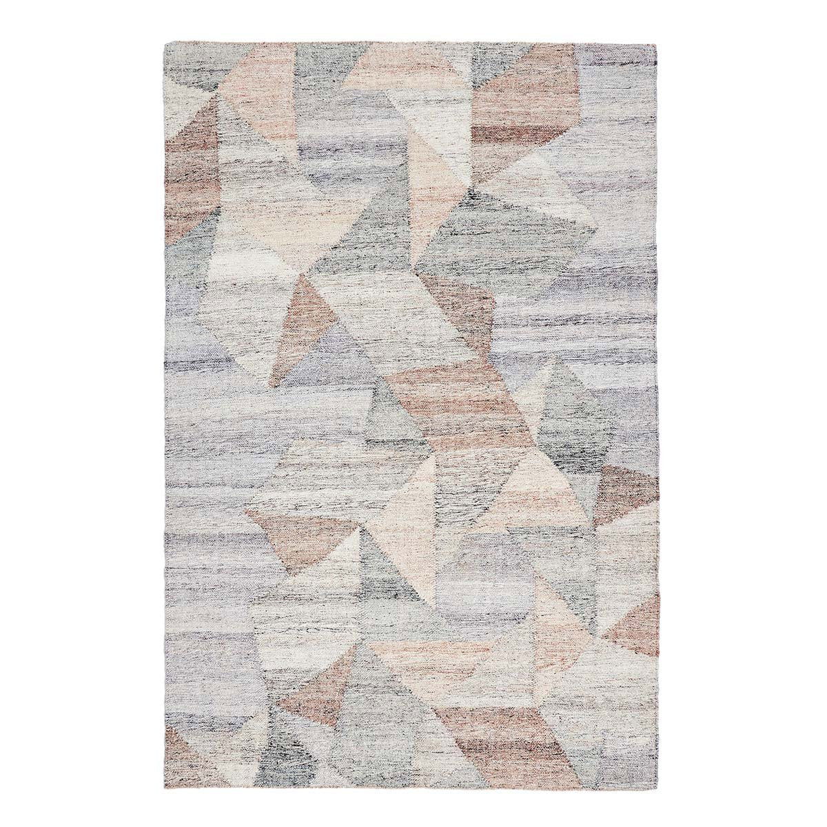 Geometric area rug with overlapping triangles in off-white, blue-gray, and tan
