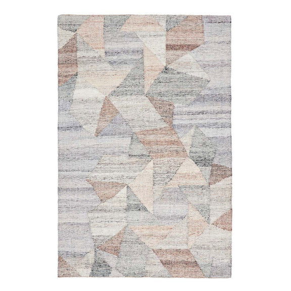 Geometric area rug with overlapping triangles in off-white, blue-gray, and tan