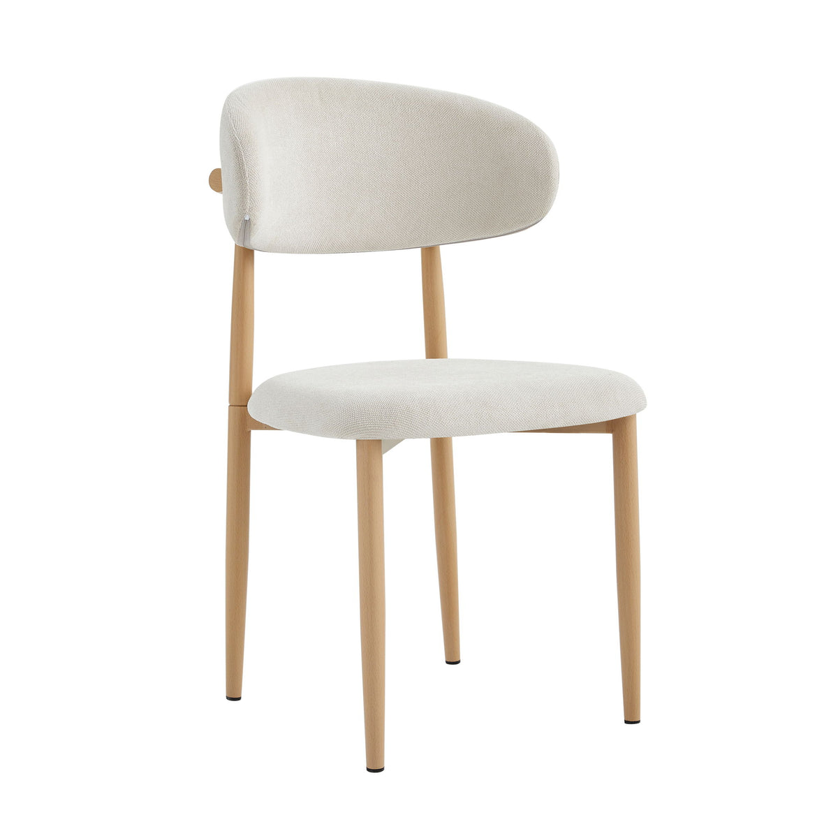 Light upholstery dining chair with rounded back and seat, light wood legs