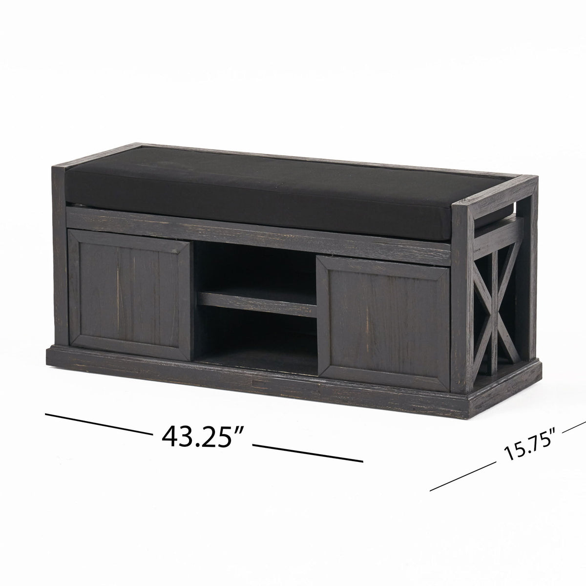 Wood Bench With 2 Open Shelves And Water Resistant Cushion - Dark Gray