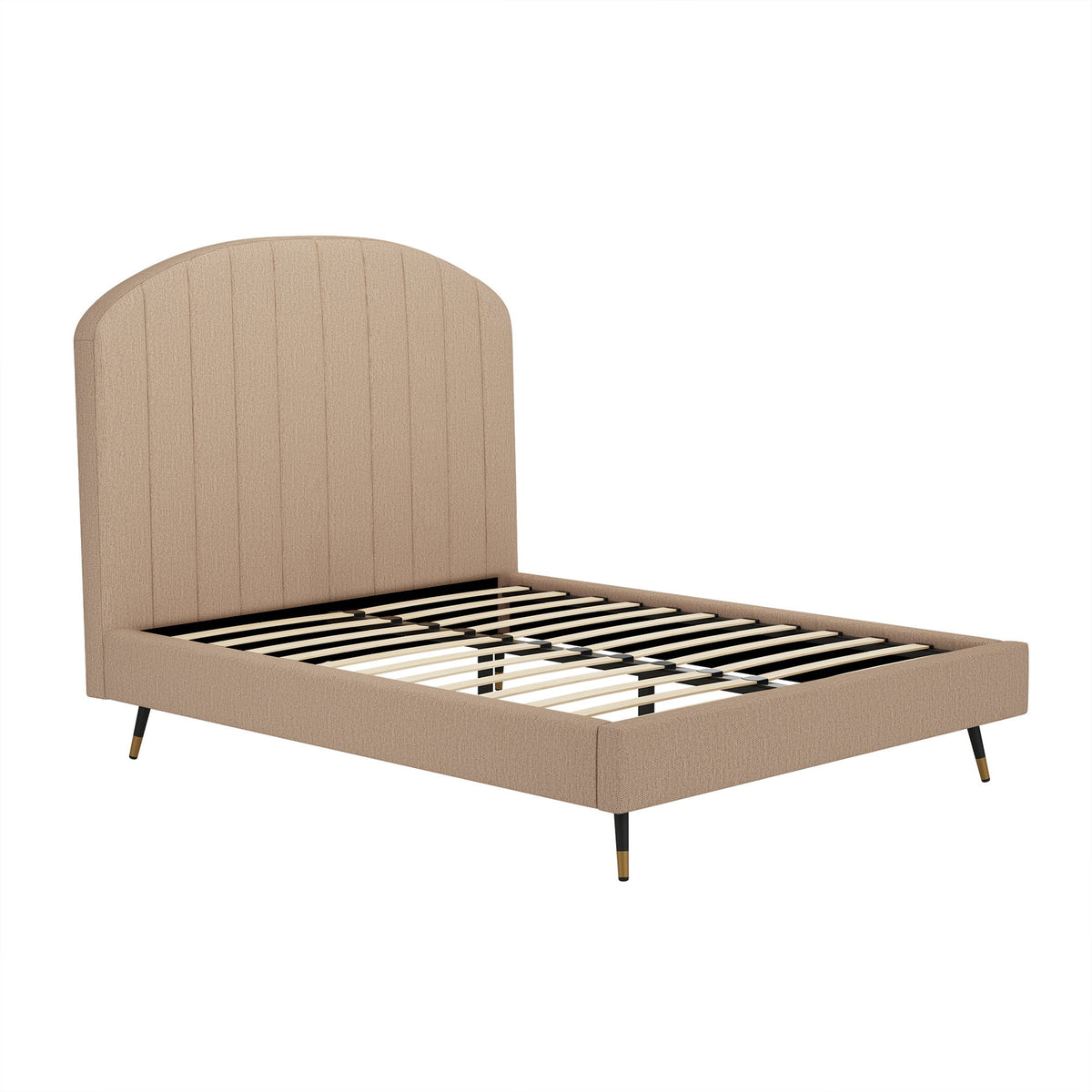 Beige upholstered bed frame with arched channel headboard and slat support platform