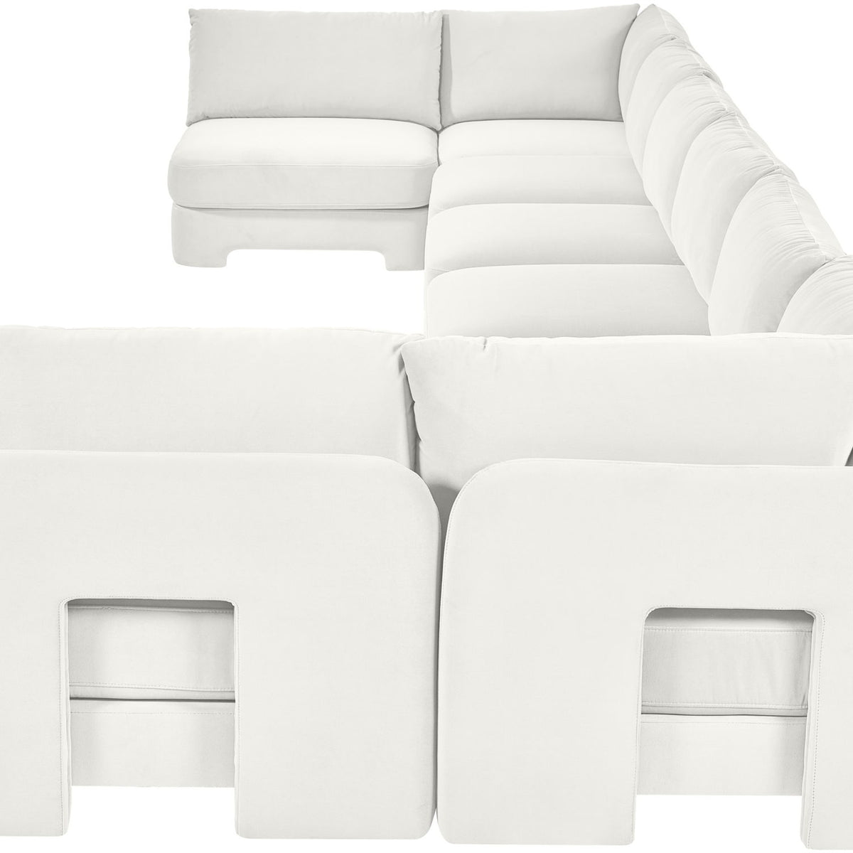 White velvet U-shaped armless sectional sofa with padded cushions and chaise backrests