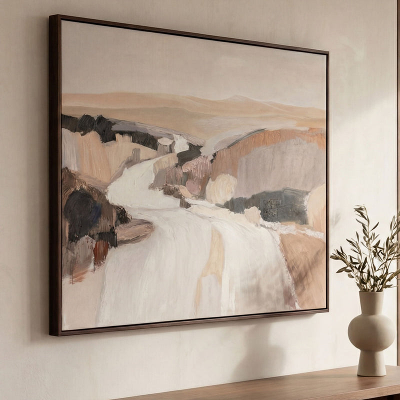Large framed abstract landscape painting in multicolor with dark wood frame