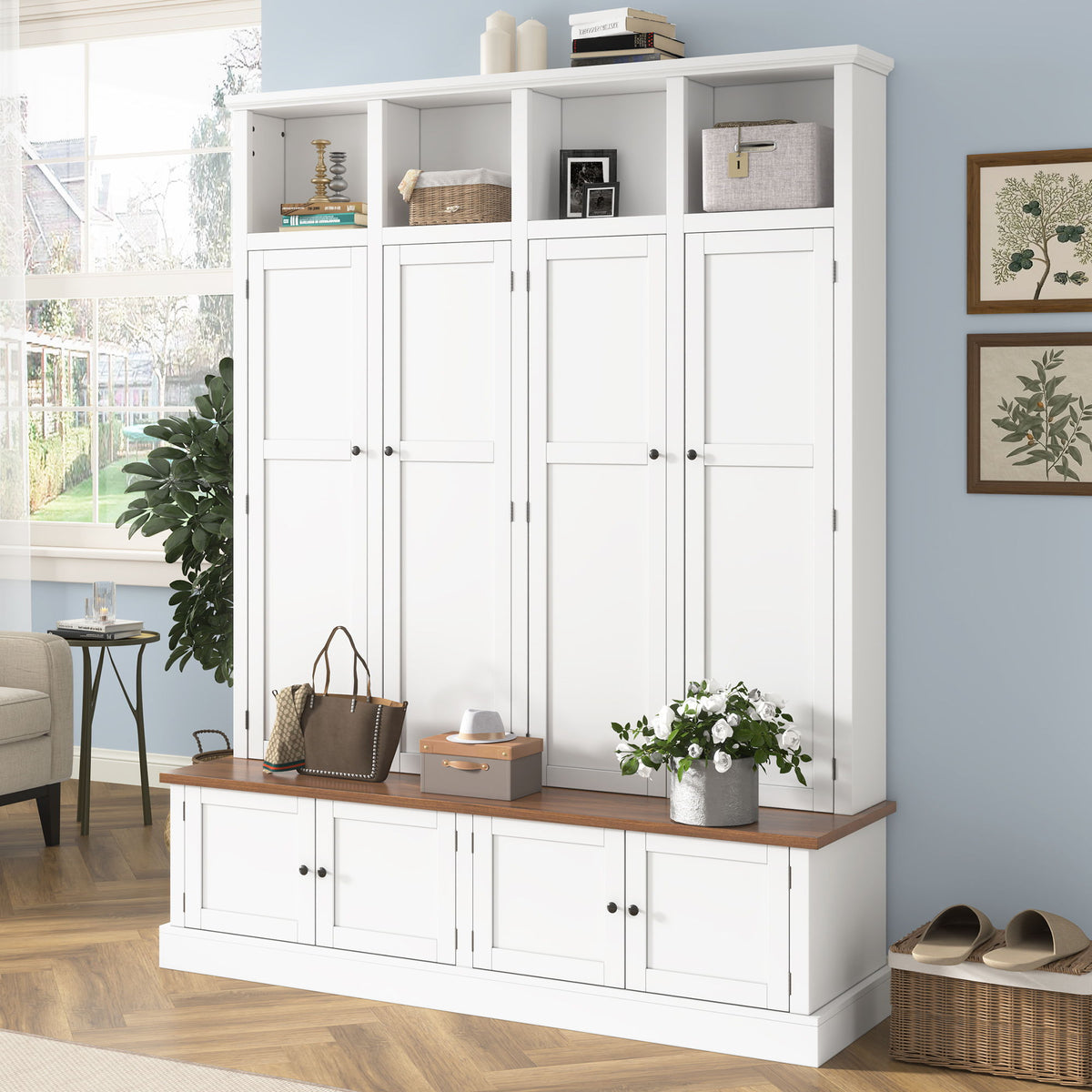 White entryway hall tree cabinet with open storage cubbies, door fronts, and wood bench top.