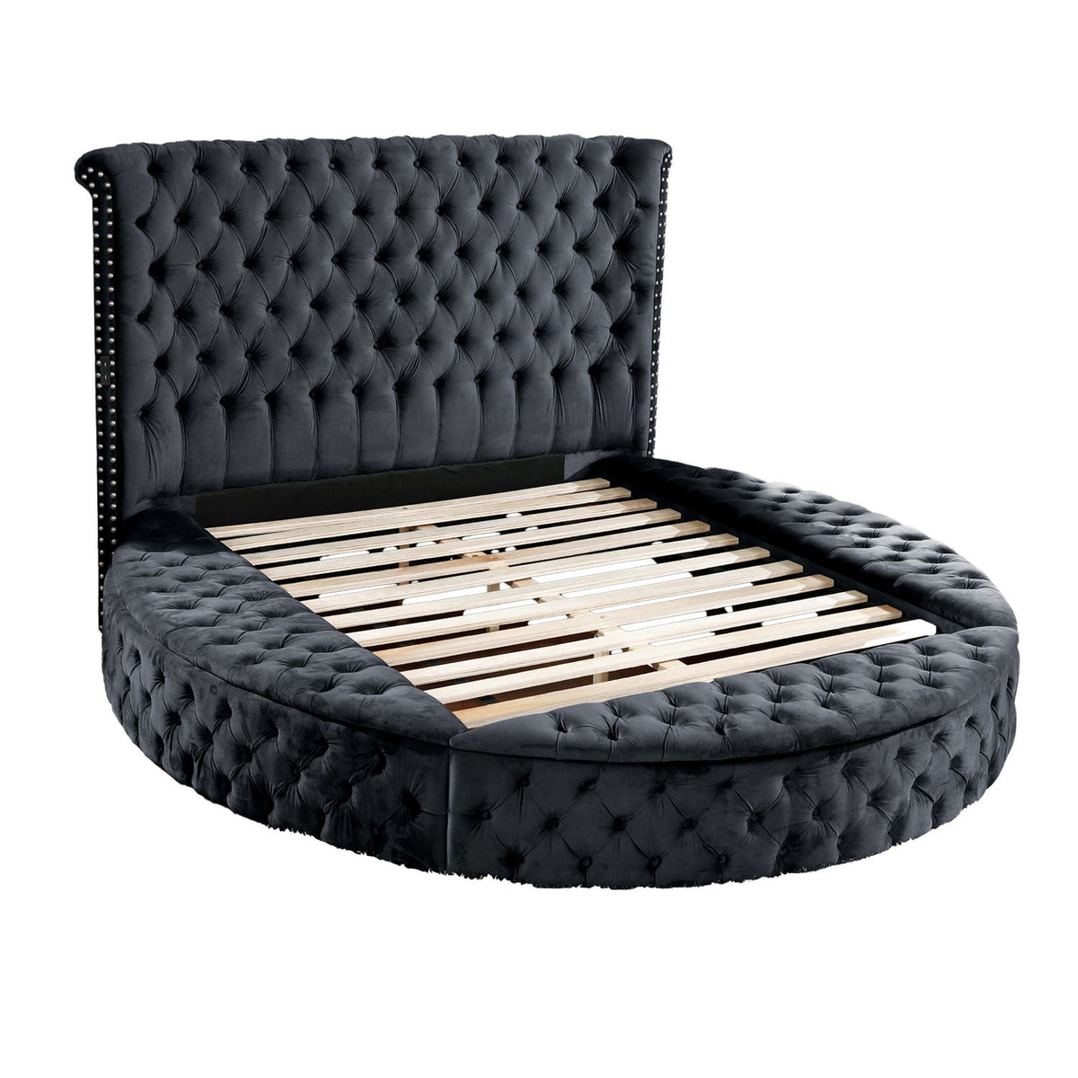 Dark tufted storage bed with slatted support base and upholstered headboard