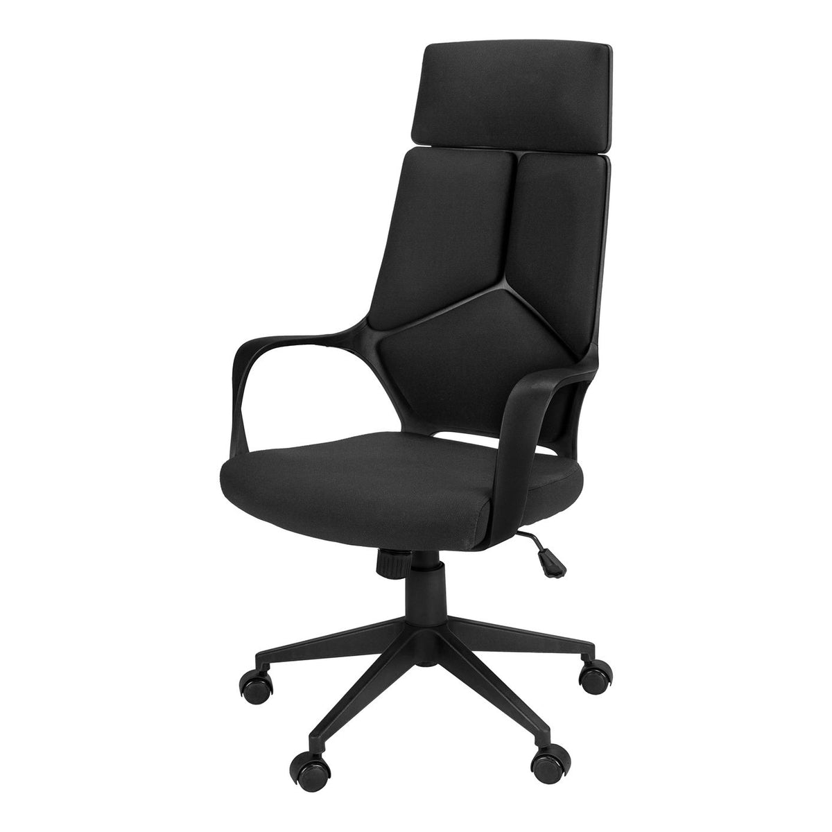 Black office swivel chair with adjustable height, armrests, and five-star wheeled base
