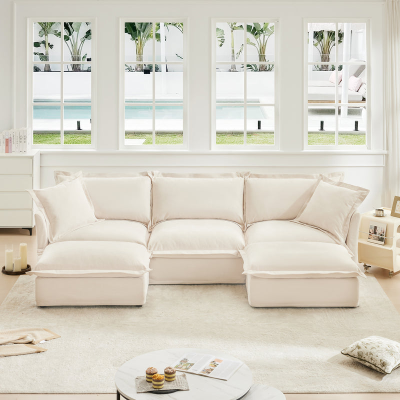 3-Seater Slipcovered U-Shaped Chenille Sectional Sofa - Chenille