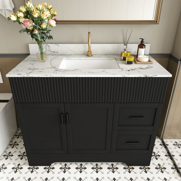 Black bathroom vanity with white marble-look sink, center faucet hole and two doors