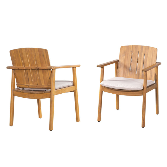 Teak outdoor dining chairs with white seat cushions, two matching armchairs