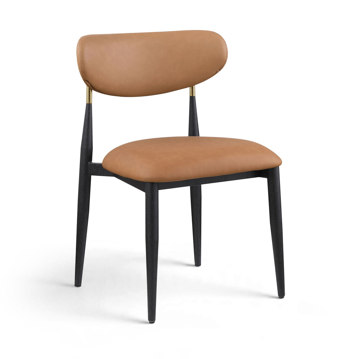 Light brown vegan leather dining side chair with padded seat and rounded back, black legs
