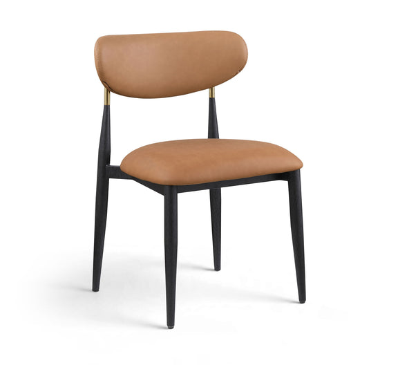 Light brown vegan leather dining side chair with padded seat and rounded back, black legs