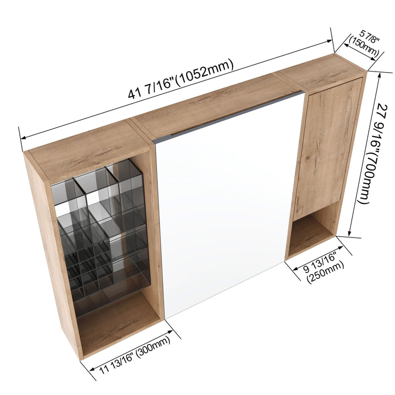 Wall-mounted mirror cabinet with open side storage, oak finish; size dimensions shown.