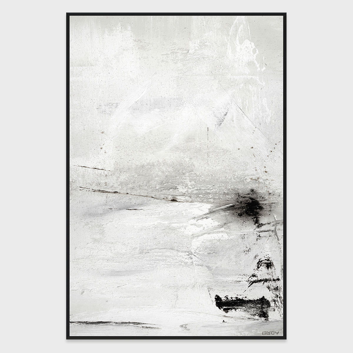 Framed abstract wall painting with white and gray tones and black brushstroke accents