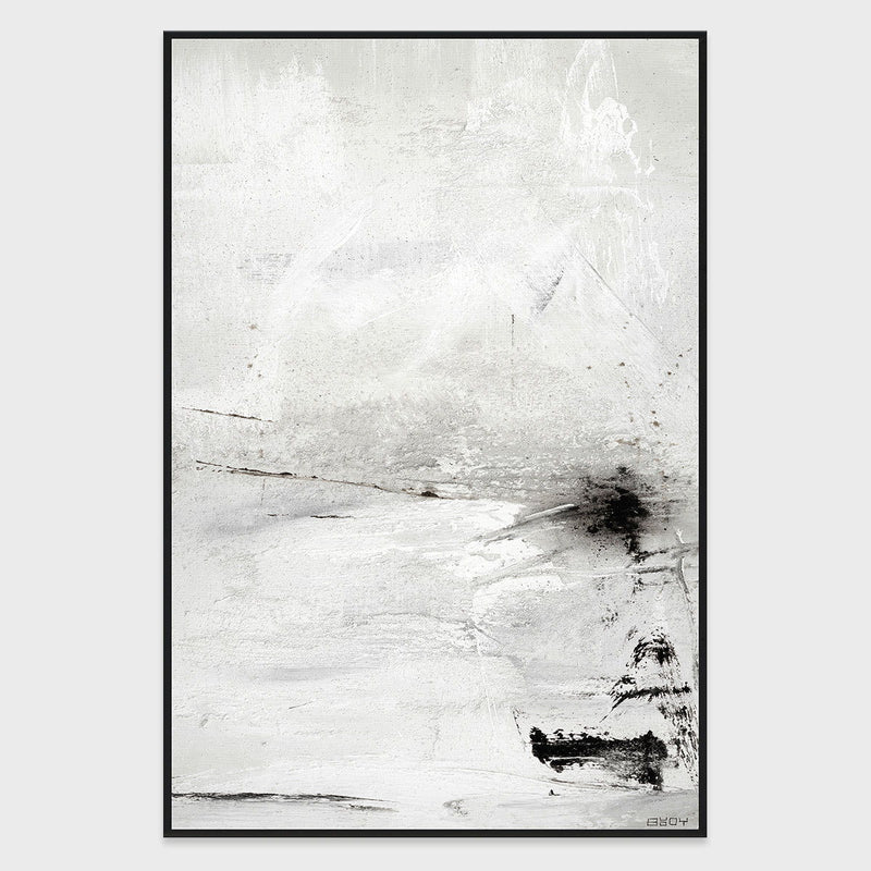 Framed abstract wall painting with white and gray tones and black brushstroke accents