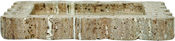 Natalie travertine tray edge view; speckled stone with scalloped sides and layered cut.