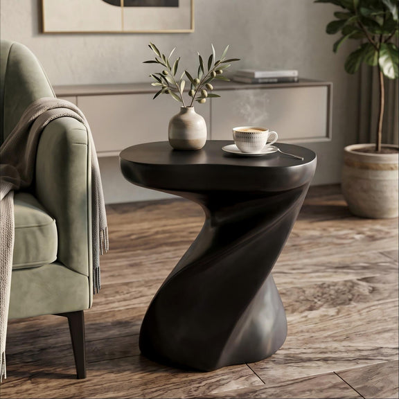 Twisted sculptural side table with round top and black sculpted hourglass base