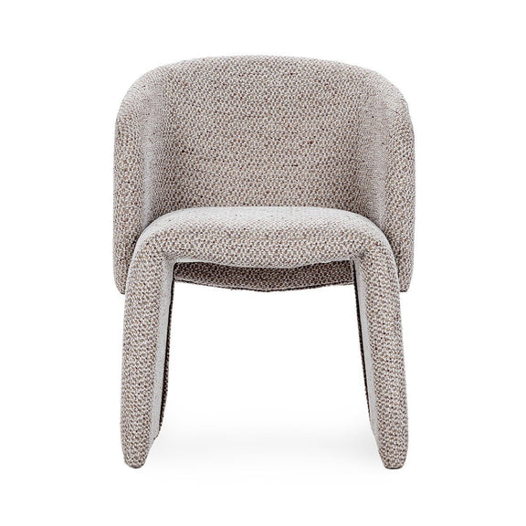 Upholstered dining chair in speckled beige fabric, front view with curved legs