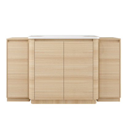 Light brown freestanding bathroom vanity with central sink cabinet and two side storage doors