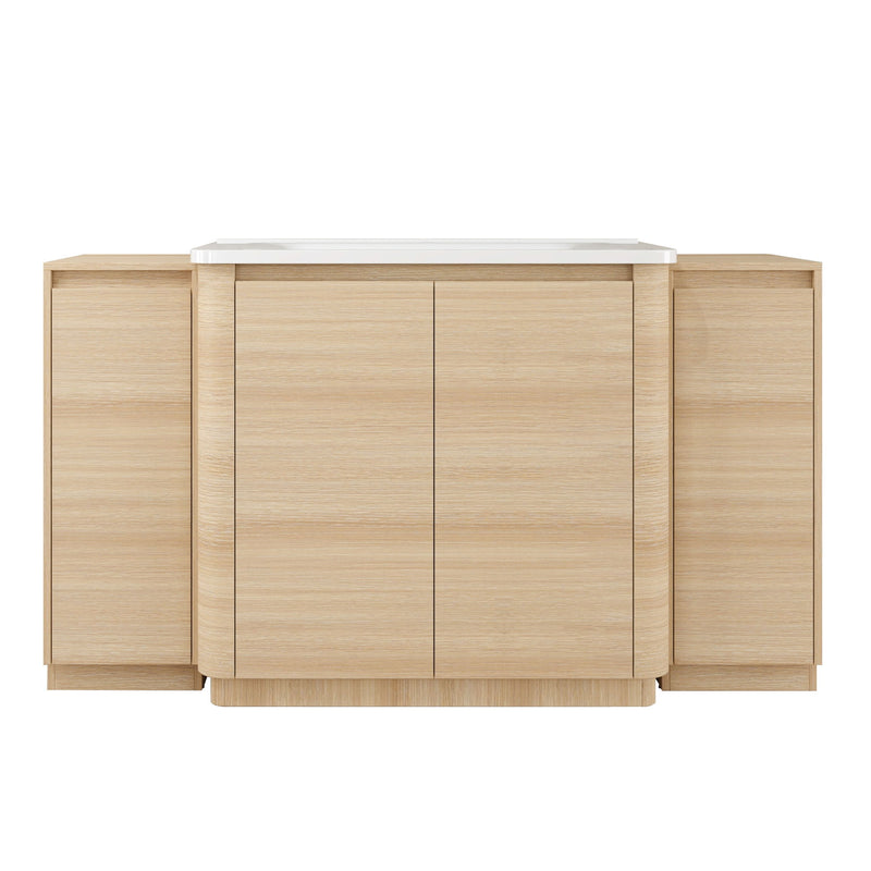 Light brown freestanding bathroom vanity with central sink cabinet and two side storage doors