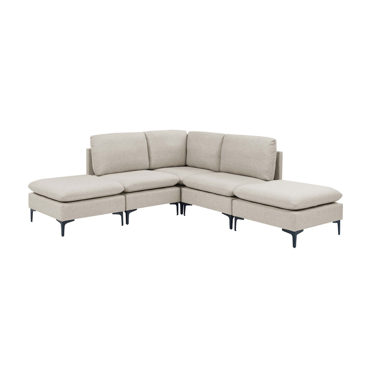 Beige upholstered modular sectional with tall legs and chaise ottomans, medium-firm seat