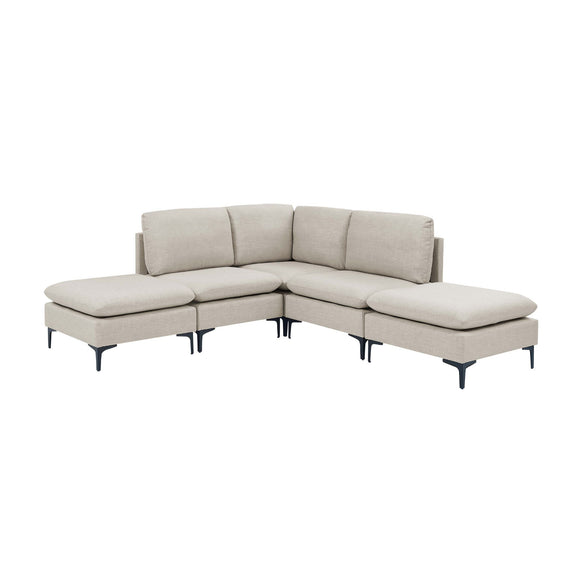 Beige upholstered modular sectional with tall legs and chaise ottomans, medium-firm seat