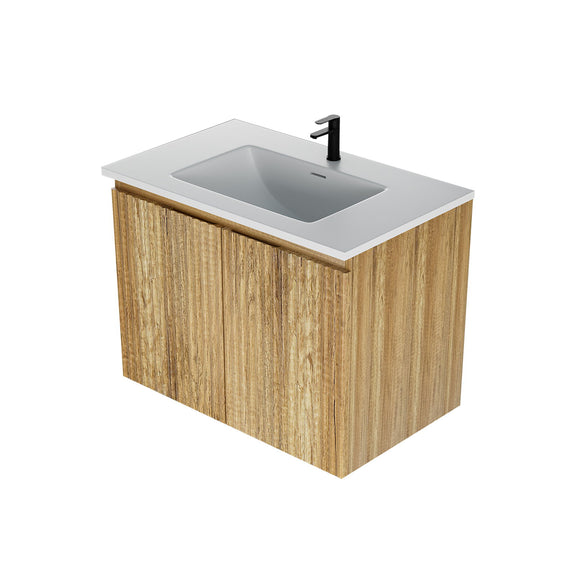 Light wood wall cabinet with integrated rectangular sink and single faucet hole