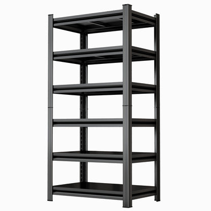 Black adjustable-height storage shelf rack with open frame and multiple tiers