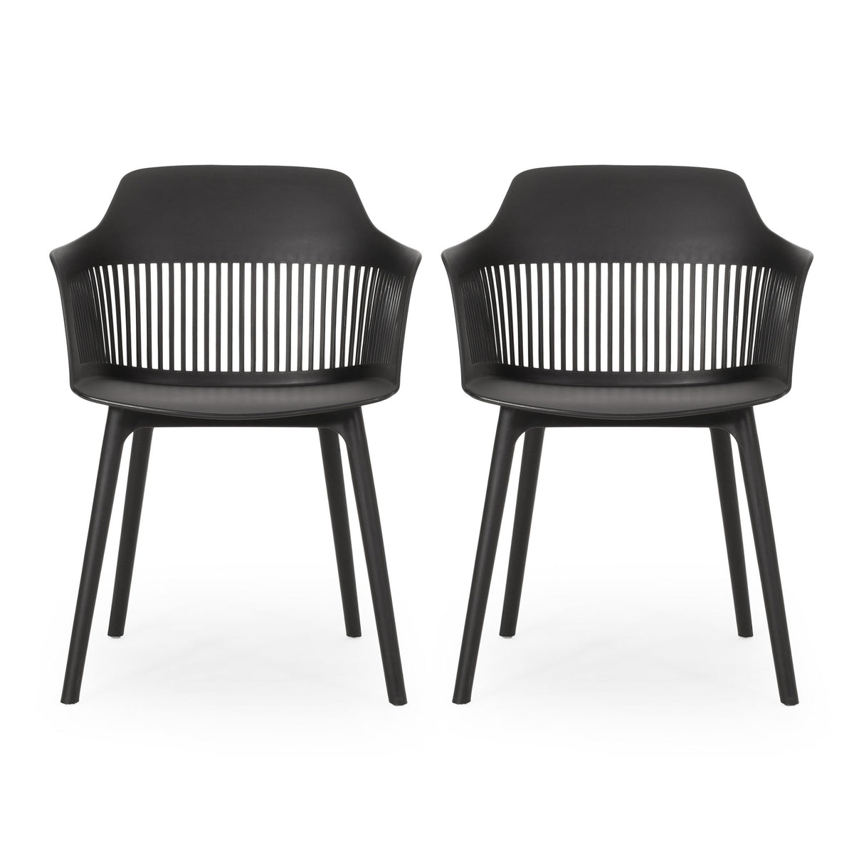 Set of 2 black chairs with armrests and vertical white-slat back, angled view