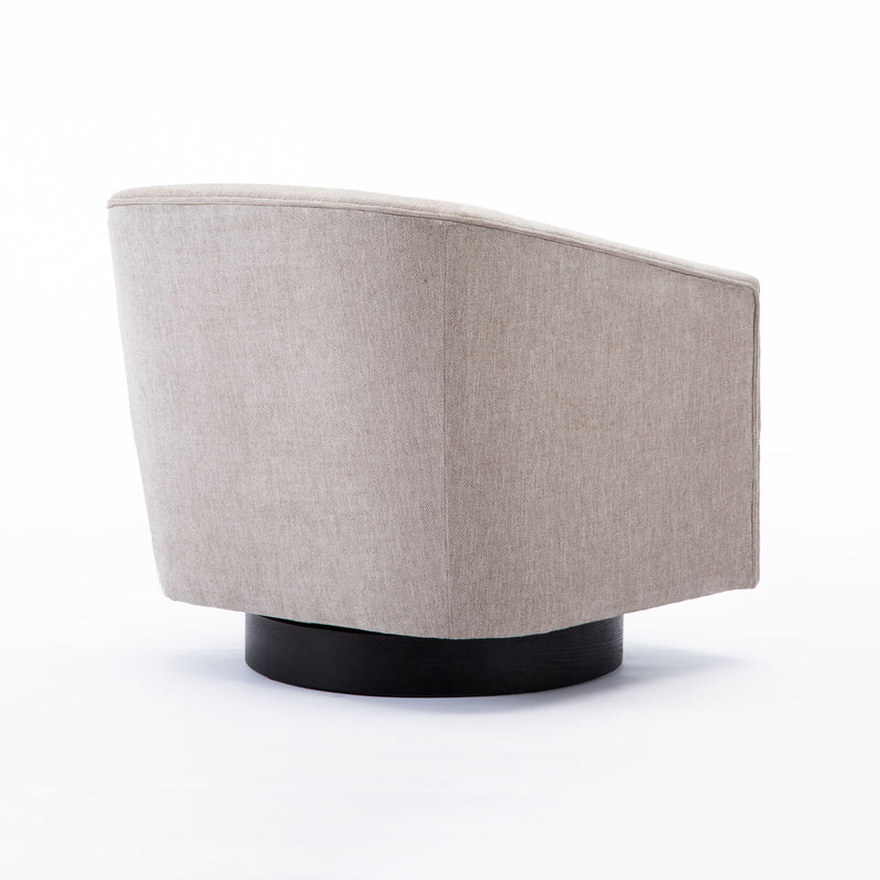 Beige fabric swivel chair with rounded arms and black round base