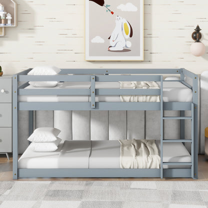 Solid Wooden, Solid Rubber Wooden Twin over Twin Floor Bunk Bed with Ladder, Upper and Bottom Bed Platforms crafted with Strengthened Slats, Grey