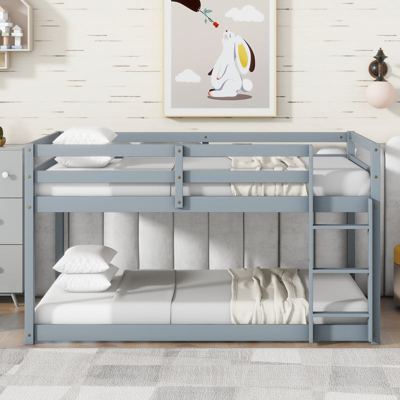 Solid Wooden, Solid Rubber Wooden Twin over Twin Floor Bunk Bed with Ladder, Upper and Bottom Bed Platforms crafted with Strengthened Slats, Grey