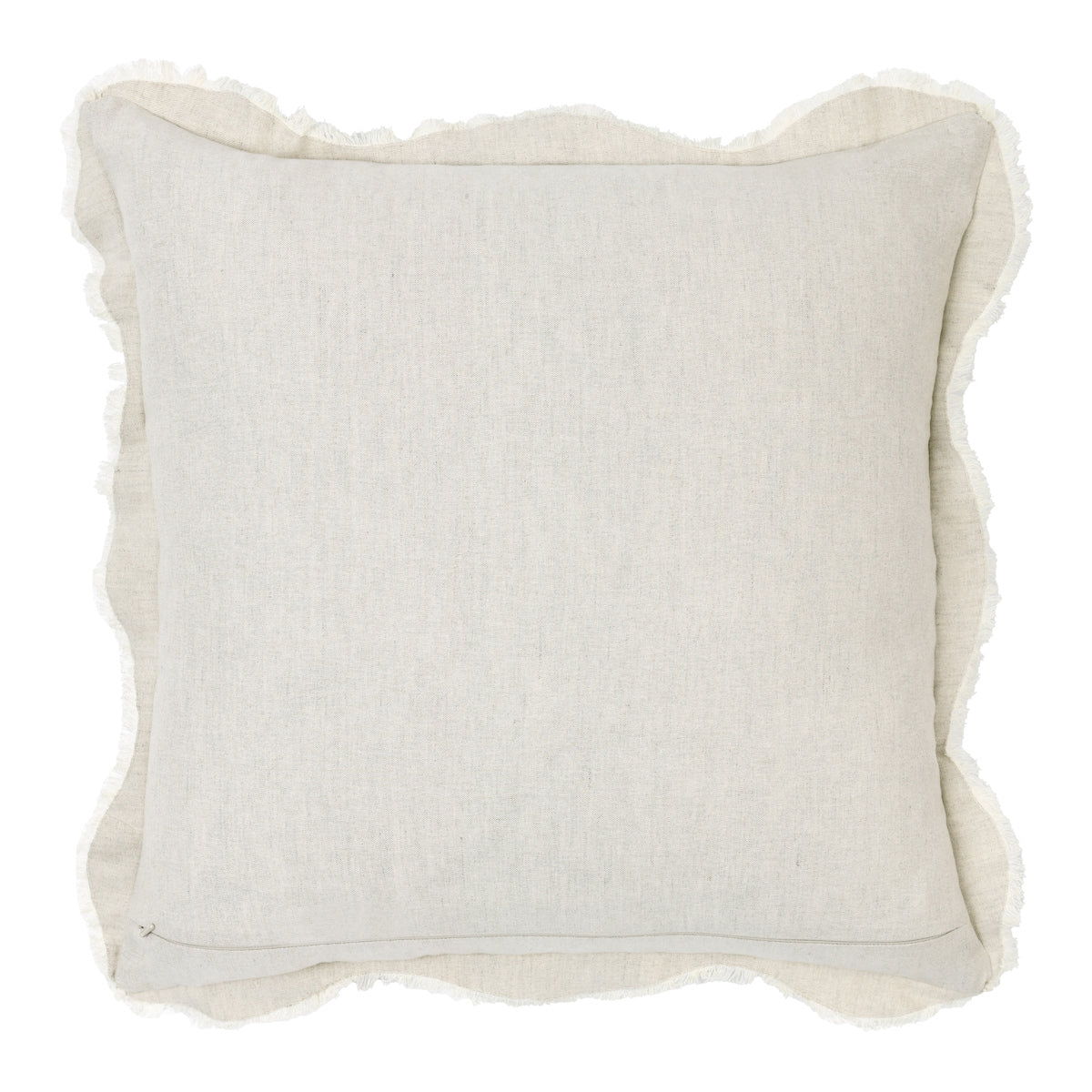 Tollo beige linen square pillow back view with scalloped edges, textured fabric