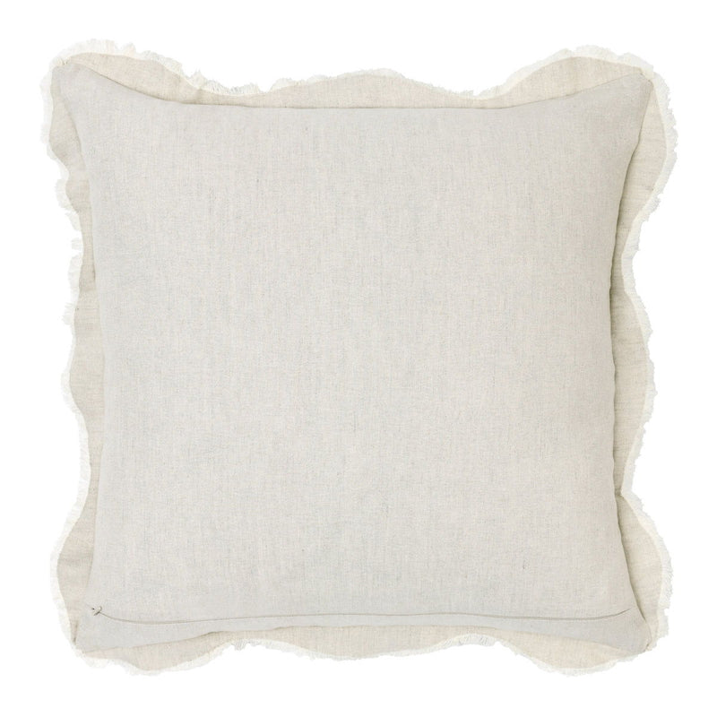 Tollo beige linen square pillow back view with scalloped edges, textured fabric
