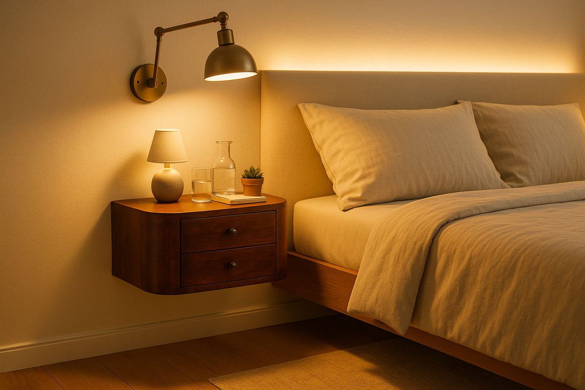 Dark brown round floating nightstand with 1 drawer and round metal pull