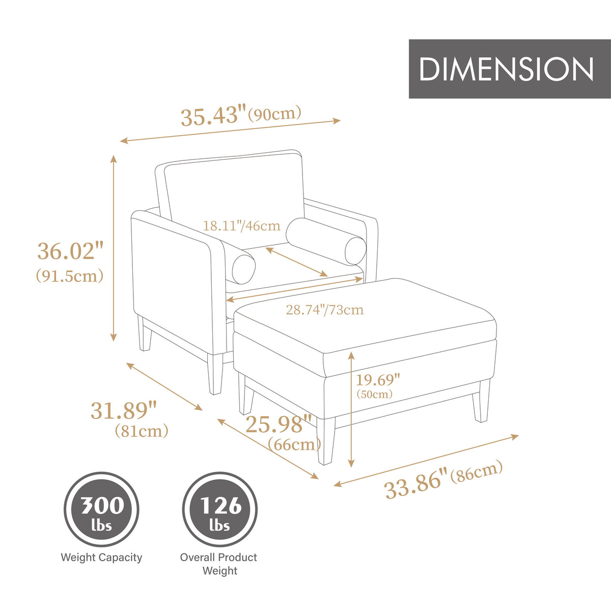 Dimension diagram for black chair and ottoman set: 300 lb capacity, 126 lb weight