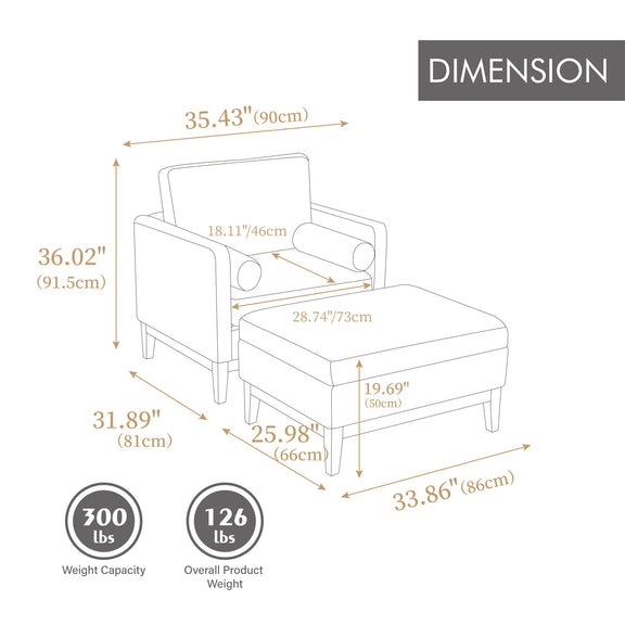 Dimension diagram for black chair and ottoman set: 300 lb capacity, 126 lb weight