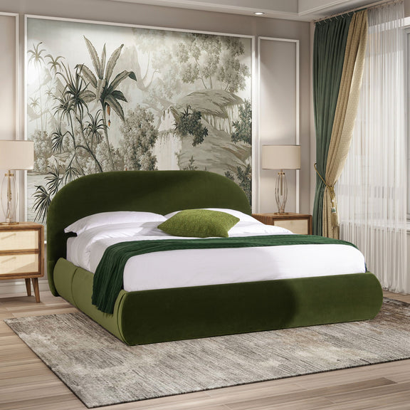 Green upholstered platform bed with rounded headboard and low profile frame