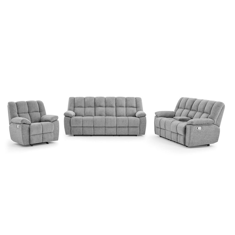 Gray reclining set with chair, loveseat, and sofa; tufted cushions and padded arms