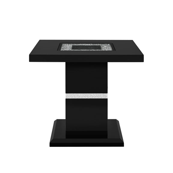 Black end table with square top and silver-speckled inset