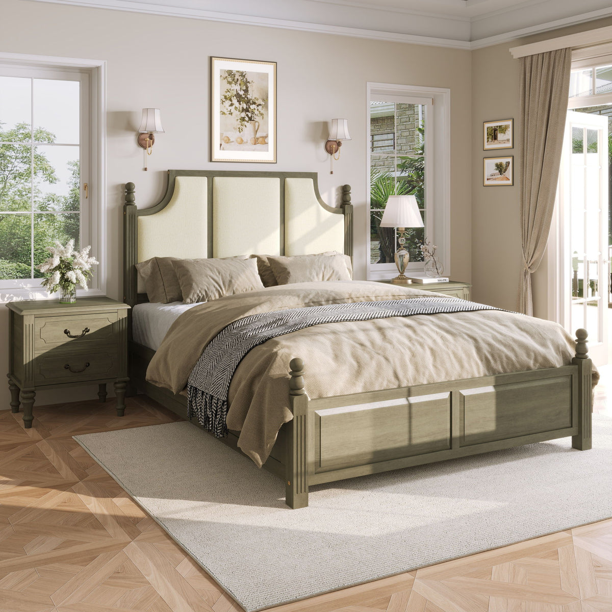 Dark brown platform bed with tall linen upholstered headboard and two storage drawers
