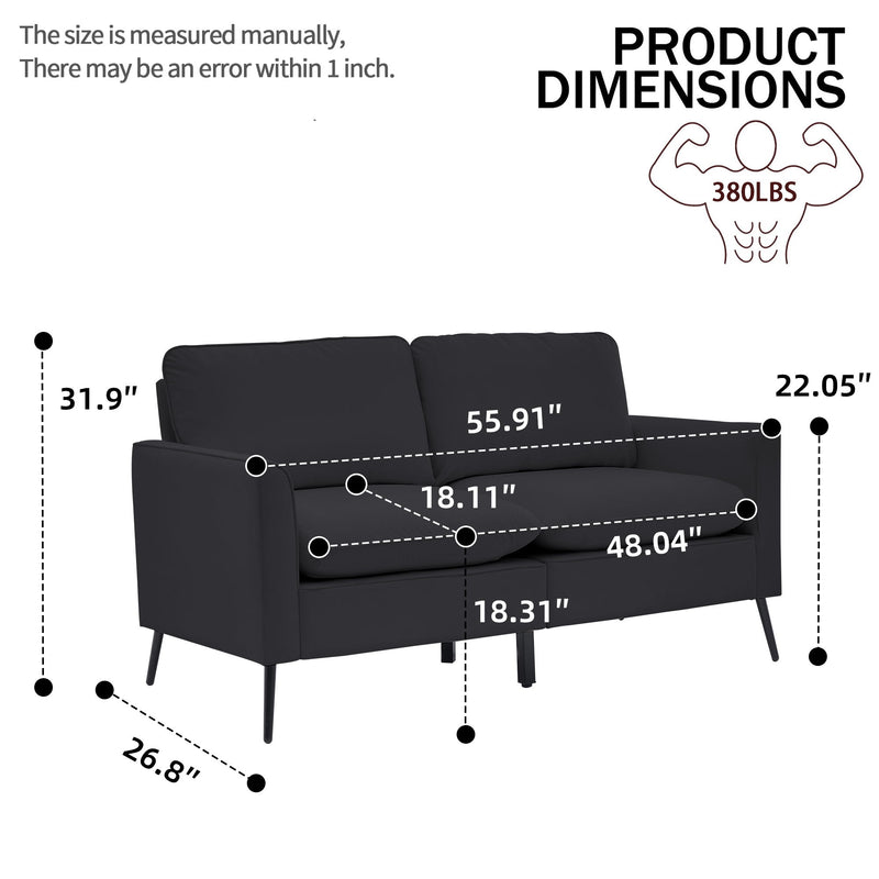 Black 2-seat upholstered loveseat with tufted back, padded arms, and black legs