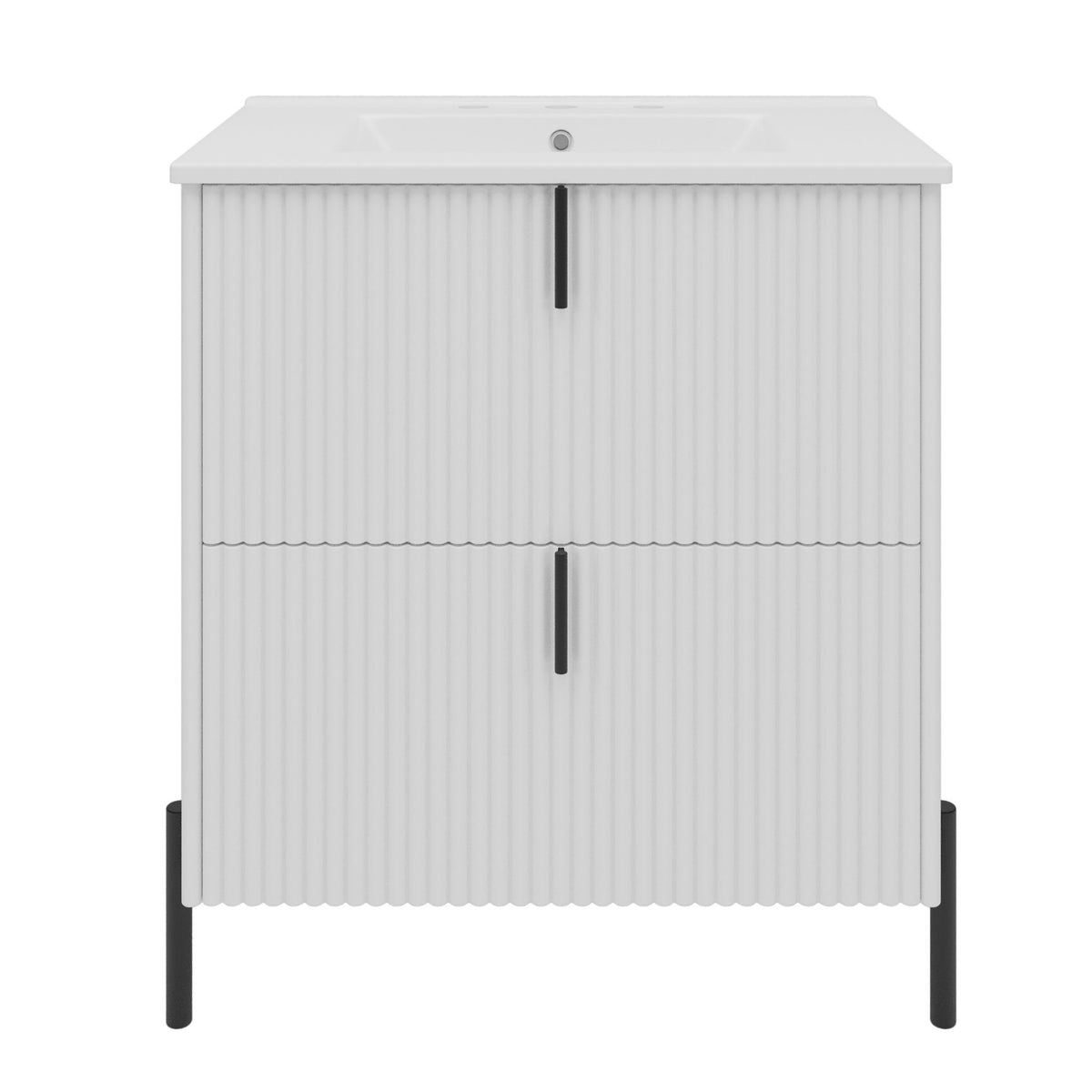 White fluted bathroom vanity with ceramic sink, two doors, and tall legs