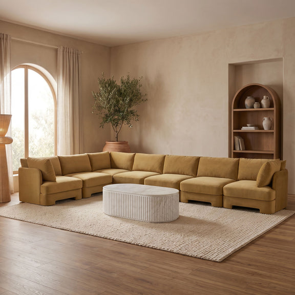 Beige upholstered 7-piece sectional sofa with chaise and corner seats