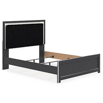 Upholstered panel headboard with black ribbed fabric and dark frame, rectangular profile