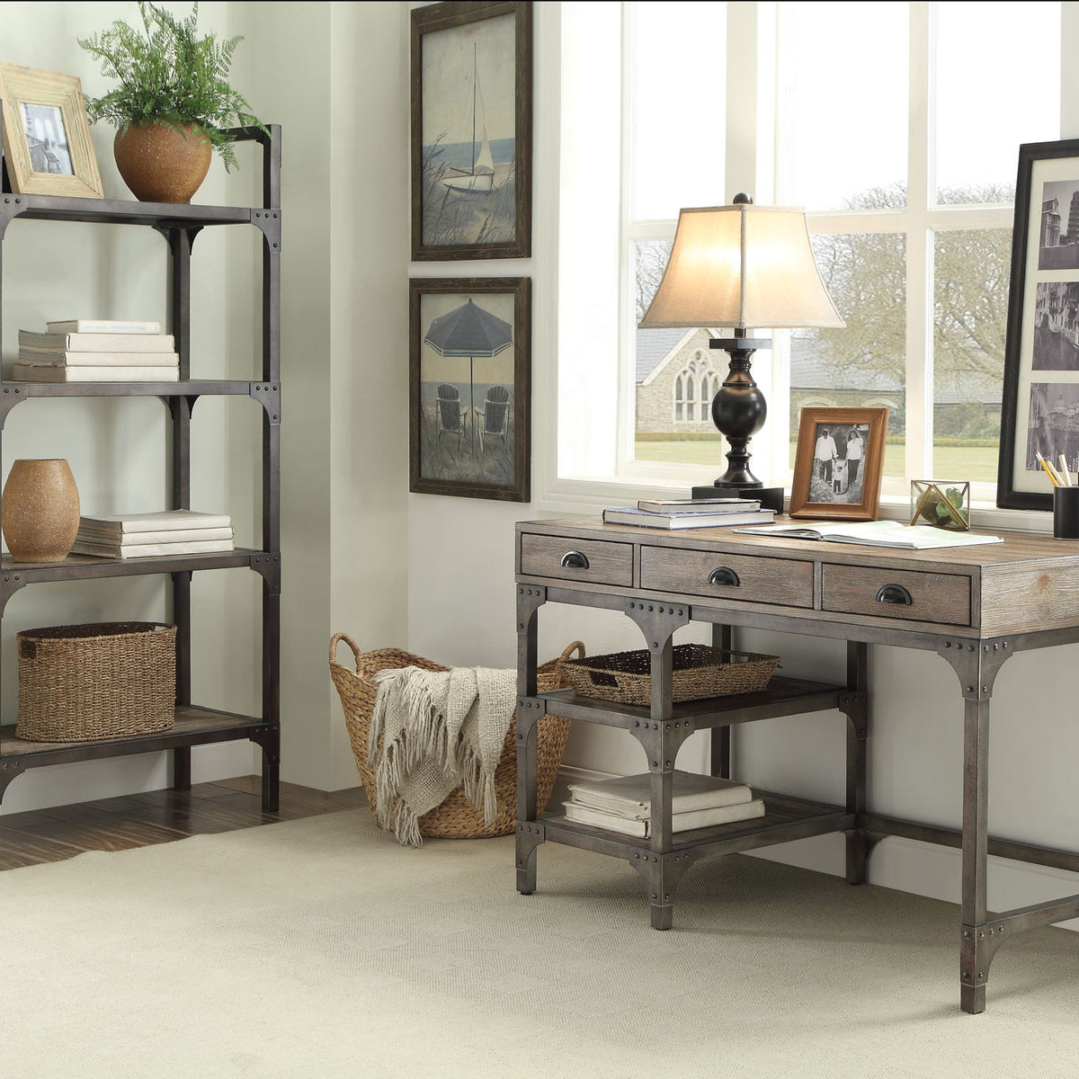 Gorden - Weathered Antique Metal Writing Desk - Oak